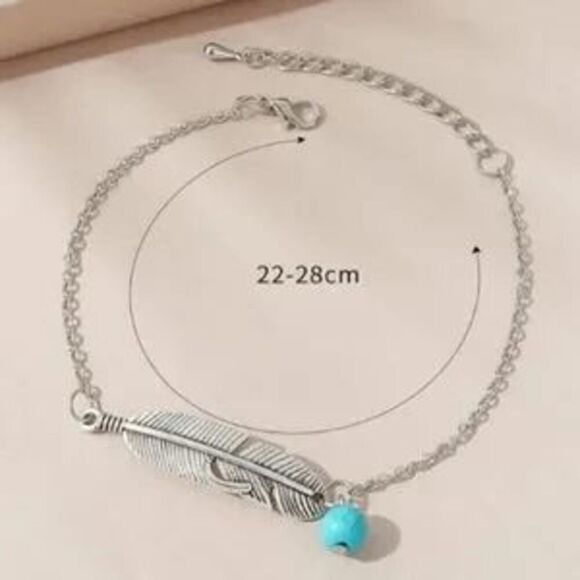 BOHO FEATHER AND TURQUOISE HANGING CHARM BOHO ANKLET - Picture 4 of 5